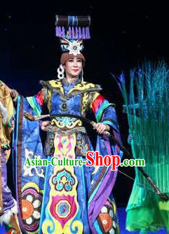Rainbow Tribe Chinese Tu Minority Blue Dress Stage Performance Dance Costume and Headpiece for Women