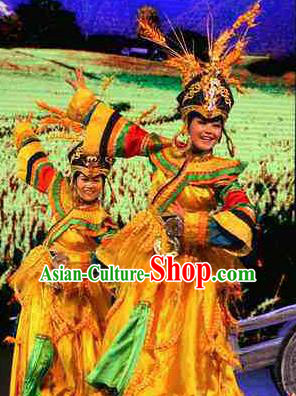 Rainbow Tribe Chinese Tu Minority Yellow Dress Stage Performance Dance Costume and Headpiece for Women