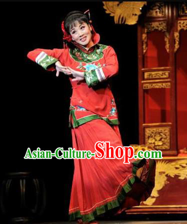 Huizhou Beauty Chinese Huangmei Opera Red Dress Stage Performance Dance Costume and Headpiece for Women