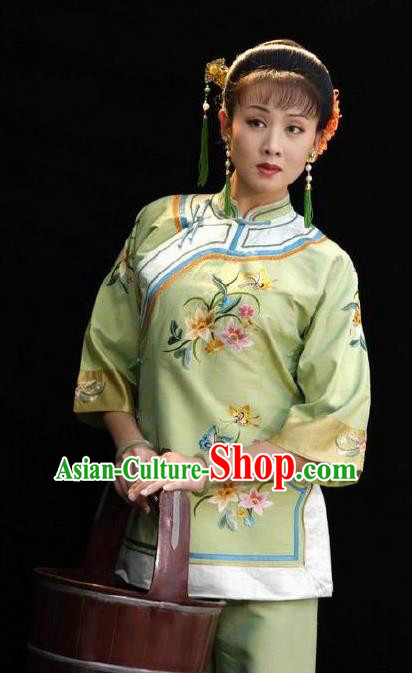 Huizhou Beauty Chinese Huangmei Opera Green Dress Stage Performance Dance Costume and Headpiece for Women