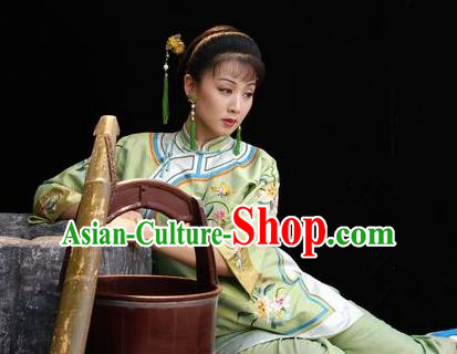 Huizhou Beauty Chinese Huangmei Opera Green Dress Stage Performance Dance Costume and Headpiece for Women