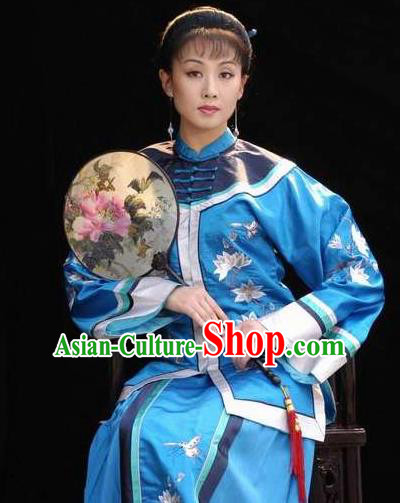 Huizhou Beauty Chinese Huangmei Opera Blue Dress Stage Performance Dance Costume and Headpiece for Women