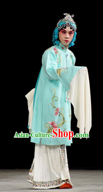 Han Consort Ming Chinese Peking Opera Palace Lady Blue Dress Stage Performance Dance Costume and Headpiece for Women