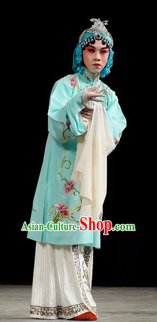 Han Consort Ming Chinese Peking Opera Palace Lady Blue Dress Stage Performance Dance Costume and Headpiece for Women