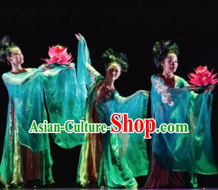 Dunhuang Reflections Chinese Classical Dance Green Dress Stage Performance Dance Costume and Headpiece for Women