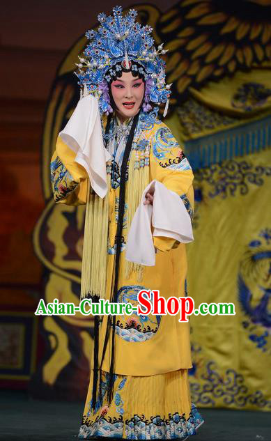 Imperial Concubine Mei Chinese Peking Opera Diva Yellow Dress Stage Performance Dance Costume and Headpiece for Women