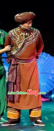 Huang Si Jie Chinese Tujia Minority Brown Clothing Stage Performance Dance Costume and Headpiece for Men