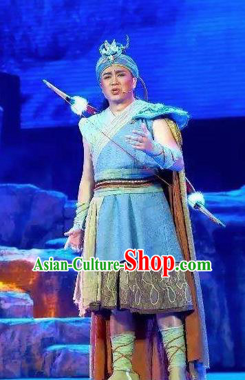 Huang Si Jie Chinese Tujia Minority Hunter Blue Clothing Stage Performance Dance Costume and Headpiece for Men