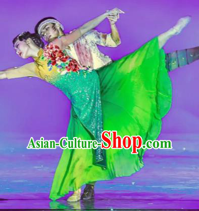 Thirteen Girls in Jinling City Chinese Classical Dance Green Dress Stage Performance Dance Costume and Headpiece for Women