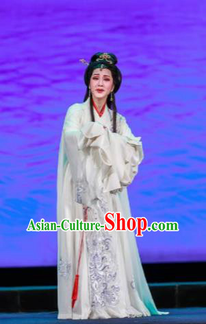 Chinese Shaoxing Opera Bronze Swallow Terrace Xiao Qiao White Dress Stage Performance Dance Costume and Headpiece for Women