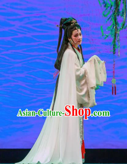 Chinese Shaoxing Opera Bronze Swallow Terrace Xiao Qiao White Dress Stage Performance Dance Costume and Headpiece for Women