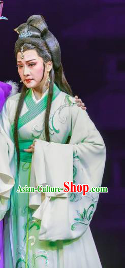 Chinese Shaoxing Opera Bronze Swallow Terrace Zhen Luo Green Dress Stage Performance Dance Costume and Headpiece for Women