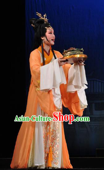 Chinese Shaoxing Opera Bronze Swallow Terrace Zhen Luo Orange Dress Stage Performance Dance Costume and Headpiece for Women