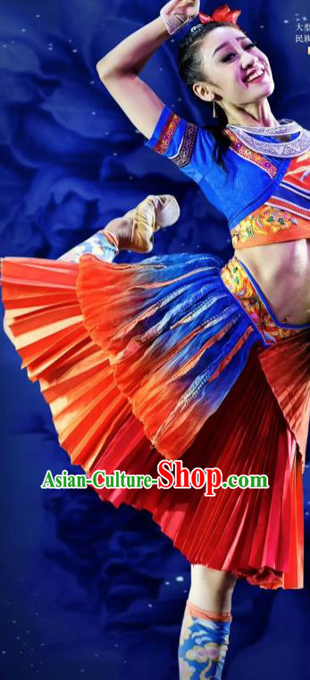 Menogga Garden Chinese Zhuang Nationality Dance Blue Dress Stage Performance Dance Costume and Headpiece for Women