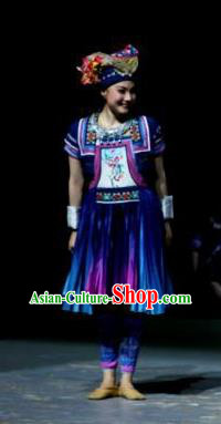 Menogga Garden Chinese Zhuang Nationality Folk Dance Blue Dress Stage Performance Dance Costume and Headpiece for Women