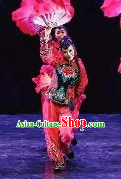 Drama Lan Huahua Chinese Folk Dance Fan Dance Dress Stage Performance Dance Costume and Headpiece for Women