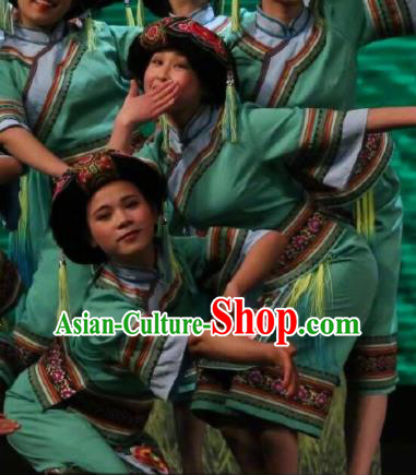 Goddess Ya Song Chinese Zhuang Nationality Dance Green Dress Stage Performance Dance Costume and Headpiece for Women