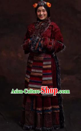 The Heavenly Road Chinese Zang Nationality Dance Red Dress Stage Performance Dance Costume and Headpiece for Women