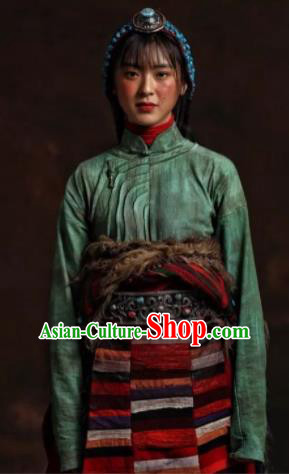 The Heavenly Road Chinese Zang Nationality Dance Green Dress Stage Performance Dance Costume and Headpiece for Women