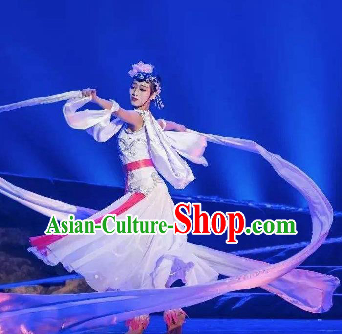 Goddess of the Moon Chinese Classical Dance Long Ribbon Dress Stage Performance Dance Costume and Headpiece for Women