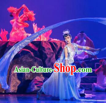 Goddess of the Moon Chinese Classical Dance Long Ribbon Dress Stage Performance Dance Costume and Headpiece for Women