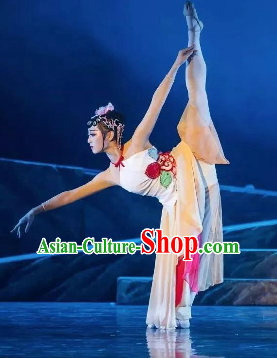Goddess of the Moon Chinese Classical Dance Beige Dress Stage Performance Dance Costume and Headpiece for Women