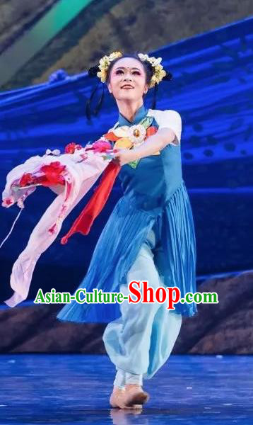 Goddess of the Moon Chinese Classical Dance Blue Dress Stage Performance Dance Costume and Headpiece for Women