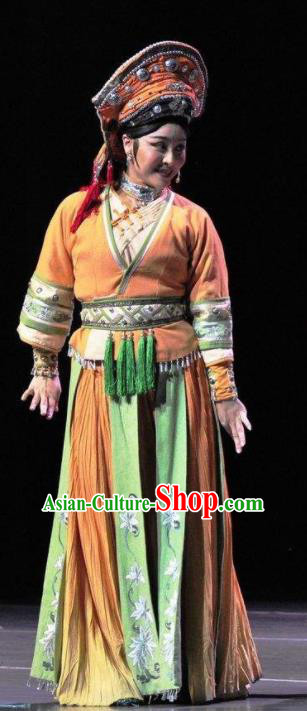 Drama Qian Yun Cliff Chinese Zhuang Nationality Orange Dress Stage Performance Dance Costume and Headpiece for Women