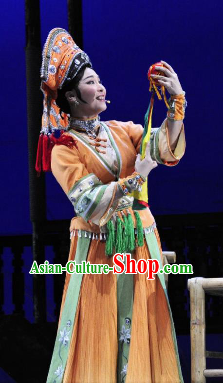 Drama Qian Yun Cliff Chinese Zhuang Nationality Orange Dress Stage Performance Dance Costume and Headpiece for Women