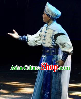 Drama Qian Yun Cliff Chinese Zhuang Nationality Bridegroom Clothing Stage Performance Dance Costume and Headpiece for Men