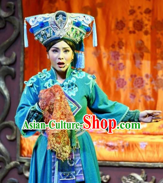 Drama Qian Yun Cliff Chinese Zhuang Nationality Green Dress Stage Performance Dance Costume and Headpiece for Women