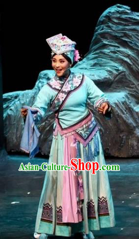 Drama Qian Yun Cliff Chinese Zhuang Nationality Blue Dress Stage Performance Dance Costume and Headpiece for Women