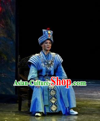 Drama Qian Yun Cliff Chinese Zhuang Nationality Bridegroom Blue Clothing Stage Performance Dance Costume and Headpiece for Men