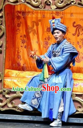 Drama Qian Yun Cliff Chinese Zhuang Nationality Bridegroom Blue Clothing Stage Performance Dance Costume and Headpiece for Men