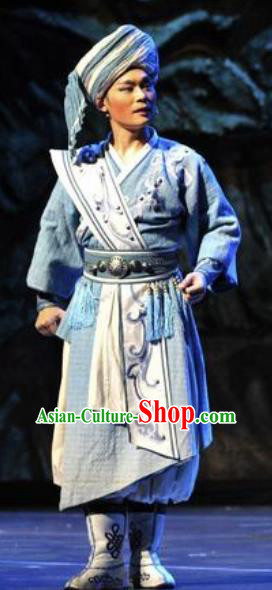 Drama Qian Yun Cliff Chinese Zhuang Nationality Bridegroom Clothing Stage Performance Dance Costume and Headpiece for Men