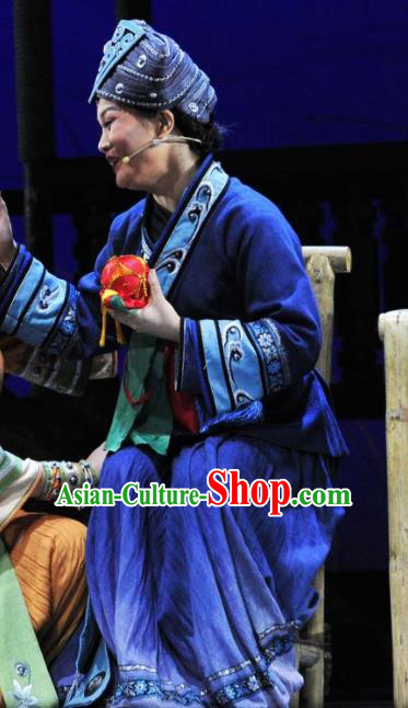 Drama Qian Yun Cliff Chinese Zhuang Nationality Old Female Blue Dress Stage Performance Costume and Headpiece for Women