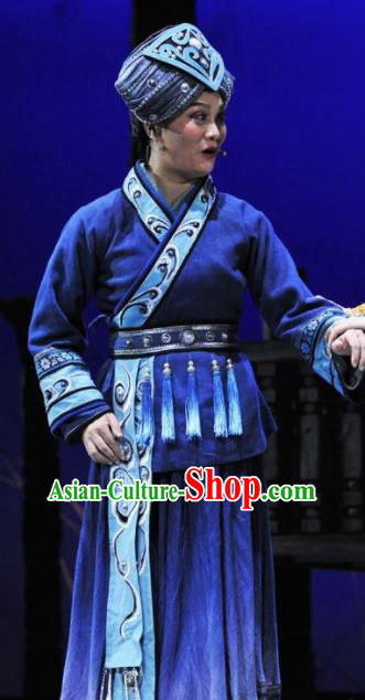 Drama Qian Yun Cliff Chinese Zhuang Nationality Old Female Blue Dress Stage Performance Costume and Headpiece for Women