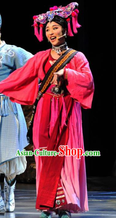 Drama Qian Yun Cliff Chinese Zhuang Nationality Rosy Dress Stage Performance Dance Costume and Headpiece for Women