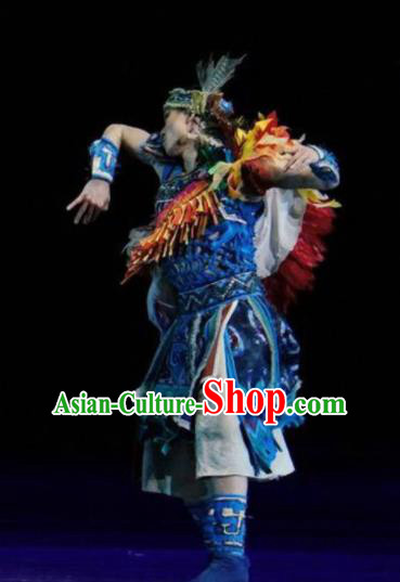 Hundred Bird Dress Chinese Ethnic Dance Blue Clothing Stage Performance Dance Costume and Headpiece for Men
