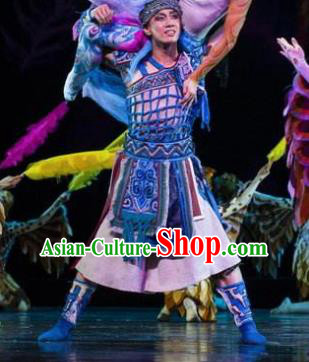 Hundred Bird Dress Chinese Zhuang Ethnic Youth Dance Clothing Stage Performance Dance Costume and Headpiece for Men