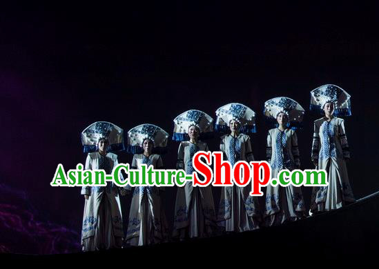 Hundred Bird Dress Chinese Zhuang Nationality Dance White Dress Stage Performance Dance Costume and Headpiece for Women