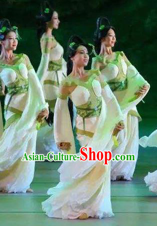 Chinese Orphan Classical Dance Green Dress Stage Performance Dance Costume and Headpiece for Women