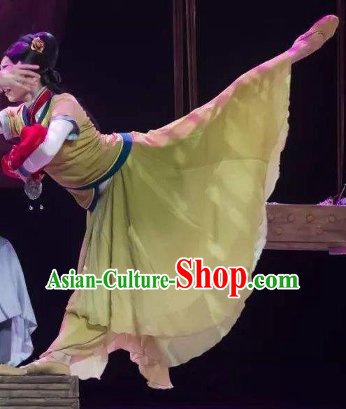 Chinese Orphan Classical Dance Ancient Court Green Dress Stage Performance Dance Costume and Headpiece for Women