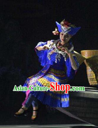 Hometown of Dragon Boat Tune Chinese Tujia Nationality Dance Blue Dress Stage Performance Dance Costume and Headpiece for Women
