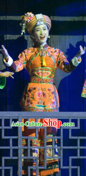 Hometown of Dragon Boat Tune Chinese Tujia Nationality Dance Orange Dress Stage Performance Dance Costume and Headpiece for Women