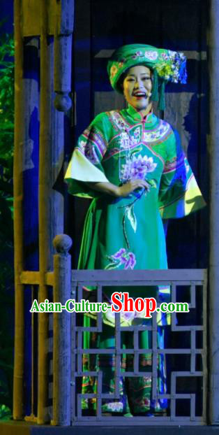 Hometown of Dragon Boat Tune Chinese Tujia Nationality Dance Green Dress Stage Performance Dance Costume and Headpiece for Women