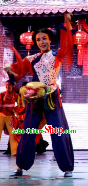 Gucuo Marriage Chinese Folk Dance Drum Dance Stage Performance Costume and Headpiece for Women