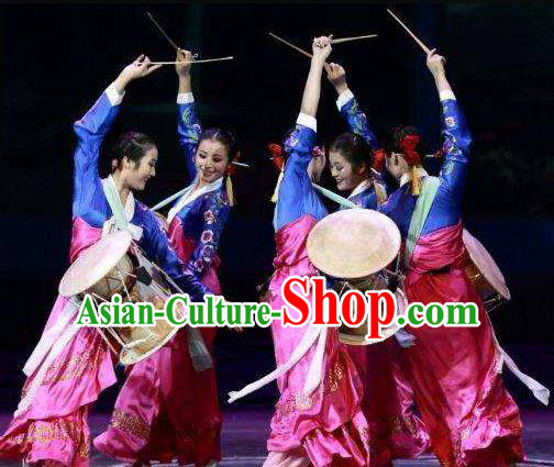 Chinese Korean Nationality Dance Rosy Dress Stage Performance Costume and Headpiece for Women