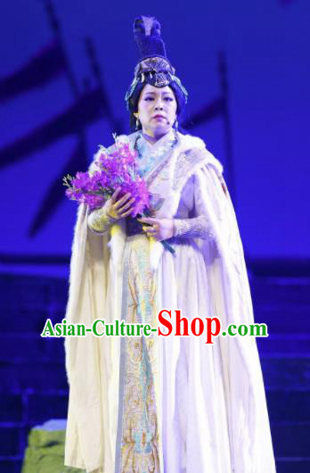 Cai Wenji Chinese Opera Ancient Imperial Consort White Dress Stage Performance Dance Costume and Headpiece for Women