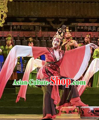 Cai Wenji Chinese Opera Classical Dance Red Dress Stage Performance Dance Costume and Headpiece for Women